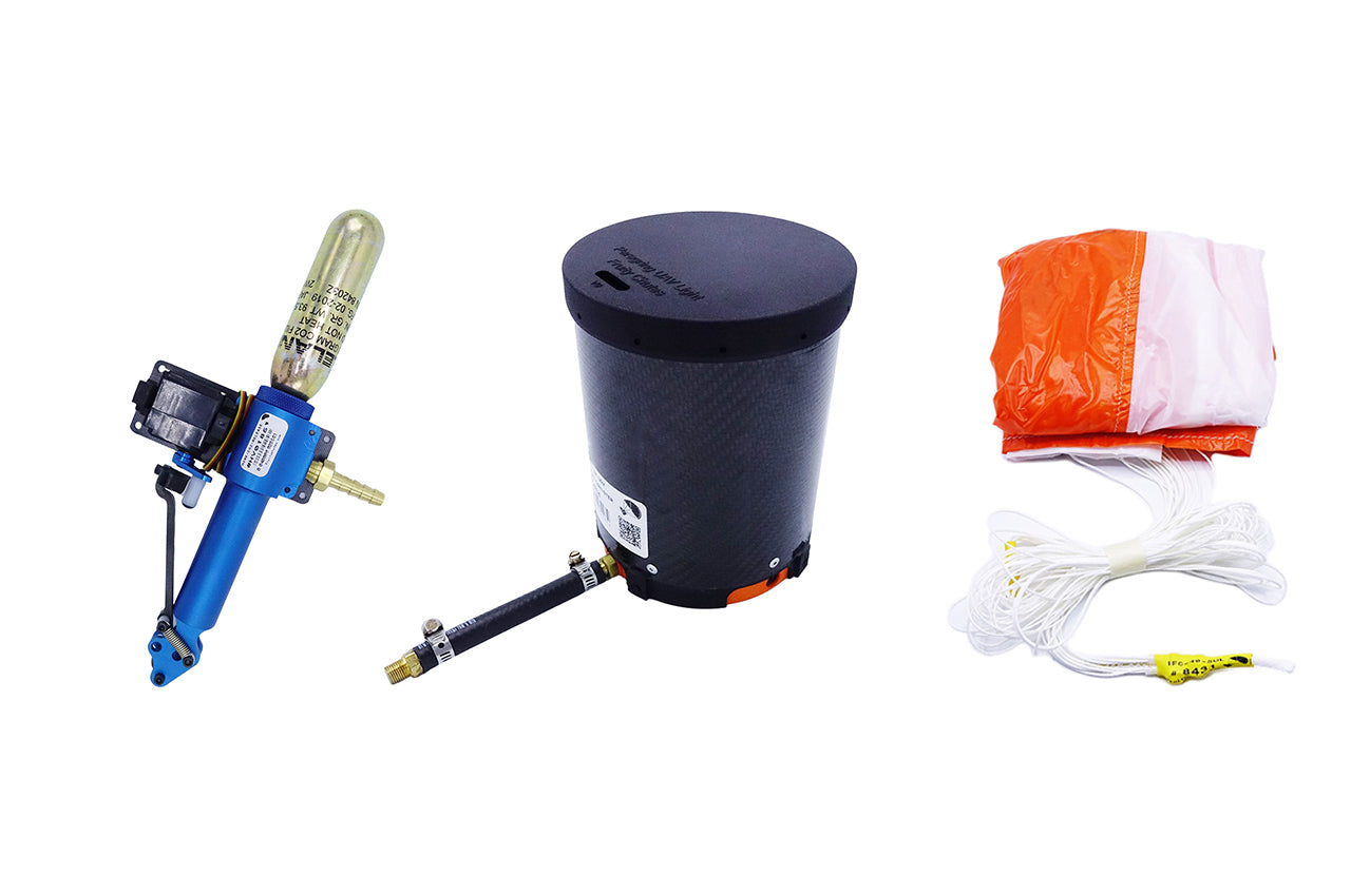 Ultralight ballistic parachutes for sale: Peregrine UAV ballistic recovery bundle with Hawk CO2 Release and Iris Ultra parachute